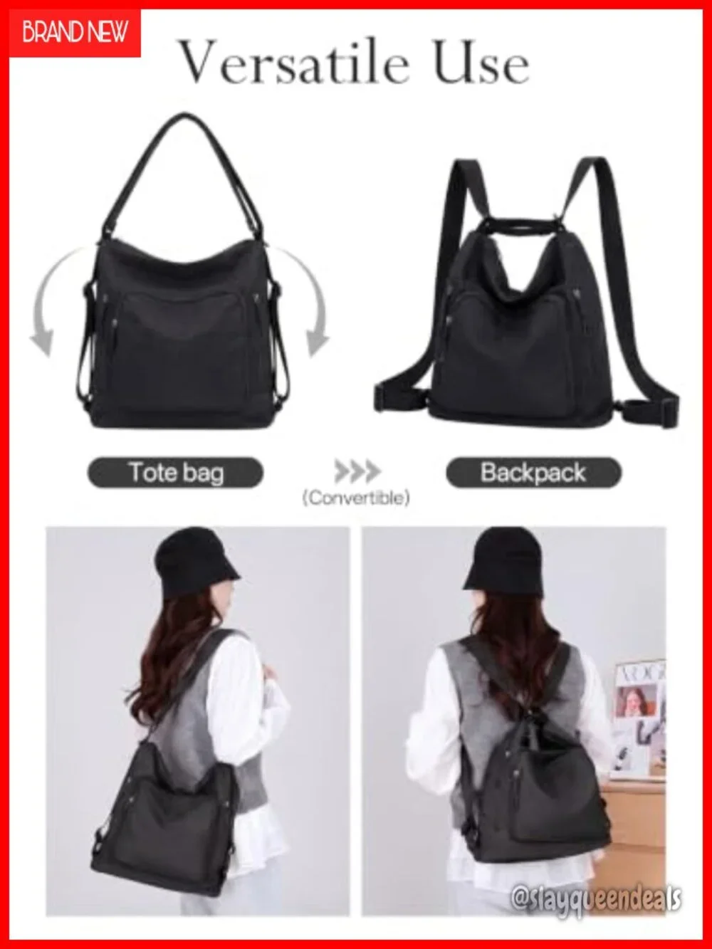 Nylon Convertible Backpack Tote Hobo Bag